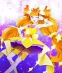  amanogawa_kirara bare_shoulders blush boots commentary_request cure_twinkle detached_sleeves earrings eyelashes gloves go!_princess_precure happy highlights jewelry kisuke_(akutamu) long_hair looking_at_viewer low-tied_long_hair magical_girl multicolored_hair one_eye_closed open_mouth orange_hair petticoat precure purple_eyes quad_tails red_hair skirt smile solo standing star star_earrings streaked_hair thigh_boots thighhighs twintails two-tone_hair very_long_hair white_footwear white_legwear yellow_skirt zettai_ryouiki 