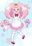  :d apron aroma_(go!_princess_precure) bird bloomers blue_background bow dog dual_persona frills full_body go!_princess_precure gunuko heart heart-shaped_pupils highres long_hair mary_janes open_mouth pantyhose personification pink_hair pink_skirt precure puff_(go!_princess_precure) puff_(go!_princess_precure)_(human) purple_eyes red_bow red_footwear shoes skirt smile star starry_background symbol-shaped_pupils underwear white_bloomers white_legwear 