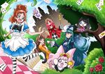  akagi_towa alice_(wonderland) alice_(wonderland)_(cosplay) alice_in_wonderland amanogawa_kirara animal_ears aroma_(go!_princess_precure) arudebido blue_dress blue_eyes blue_hair book bow bowtie brown_hair building bunny_ears card castle closed_eyes cosplay crossover cup day dress eyelashes fake_animal_ears flower formal go!_princess_precure grass happy haruno_haruka hat heart heart-shaped_pupils highres kaidou_minami long_hair looking_at_another looking_at_viewer mary_janes miss_siamour monster multiple_girls open_book open_mouth outdoors paper plant playing_card precure puff_(go!_princess_precure) puffy_sleeves purple_eyes queen_of_hearts queen_of_hearts_(cosplay) red_dress red_eyes red_hair ribbon rose shoes short_hair shut_(go!_princess_precure) shut_(go!_princess_precure)_(cosplay) smile striped striped_legwear suit symbol-shaped_pupils teacup text_focus top_hat tree walking wand 
