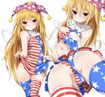  adapted_costume alternate_legwear american_flag_legwear american_flag_panties american_flag_shirt ass bare_shoulders blonde_hair blush clownpiece fairy_wings frilled_shirt_collar frills greatmosu groin hat heart heart-shaped_pupils highres jester_cap long_hair looking_at_viewer multiple_views navel neck_ruff no_panties open_mouth panties red_eyes sleeveless smile star symbol-shaped_pupils thighhighs touhou underwear wings 
