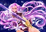  aiguillette aqua_eyes bike_shorts blue_background bug butterfly cowboy_shot flower insect long_hair pink_hair rapier rose serious shoujo_kakumei_utena solo sword tenjou_utena twitter_username very_long_hair weapon white_flower white_rose yuki_hikari 