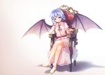  bare_legs barefoot bat_wings blue_hair chair crossed_legs cup drinking_glass fang fang_out hand_in_hair legs looking_at_viewer ouka_(ra-raradan) puffy_sleeves red_eyes remilia_scarlet sharp_toenails sitting smile solo toenails touhou wine_glass wings wrist_cuffs 