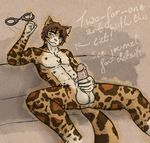  2015 anthro balls blue_eyes brown_hair cat erection feline hair handcuffs long_hair looking_at_viewer male mammal nude ocelot penis shackles simple_background smile solo tolbi traditional_media_(artwork) 
