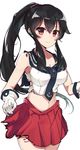  absurdres bad_id bad_pixiv_id black_hair breasts cleavage gloves highres kantai_collection large_breasts long_hair miniskirt ponytail purutabu red_eyes red_skirt school_uniform serafuku skirt smile solo torn_clothes yahagi_(kantai_collection) 
