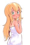  bad_id bad_pixiv_id blonde_hair blush done_(donezumi) frown green_eyes long_hair looking_at_viewer looking_back naked_towel rockman roll simple_background solo tan tanline towel wet white_background 