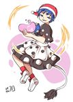  blob blue_eyes blue_hair book commentary doremy_sweet dream_soul dress hat kapiten70 nightcap open_mouth pom_pom_(clothes) short_hair short_sleeves smile socks solo tail tapir_tail touhou 