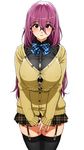  blush breasts bursting_breasts garter_straps glasses highres huge_breasts long_hair mama_(mama_hiro) pointy_ears purple_hair school_uniform solo thighhighs very_long_hair 