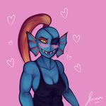  &lt;3 &lt;3_eyes big_breasts blush breasts cleavage clothed clothing eye_patch eyewear female fish heretichromia looking_at_viewer marine monster pink_background sharp_teeth side_boob signature simple_background smile teeth undertale undyne 