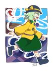  blush_stickers bow green_eyes green_hair hat hat_ribbon heart heart_of_string kapiten70 komeiji_koishi long_sleeves open_mouth ribbon running shoes short_hair skirt smile solo third_eye touhou 