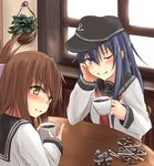  akatsuki_(kantai_collection) blush brown_eyes brown_hair coffee creamer_packet cup elbow_rest flat_cap folded_ponytail hat head_rest inazuma_(kantai_collection) kantai_collection long_hair looking_at_viewer multiple_girls neckerchief one_eye_closed purple_eyes purple_hair red_neckwear sailor_collar school_uniform serafuku smile takemitsu-zamurai 