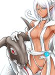  albino animal aqua_eyes awakening_(sennen_sensou_aigis) bare_shoulders breasts cleavage clothed_animal collar commentary_request dark_elf dark_skin elf gloves grey_outline highres hirome99 large_breasts looking_at_viewer midriff navel outline pointy_ears red_eyes revealing_clothes rowanna_(sennen_sensou_aigis) sennen_sensou_aigis snake solo underwear white_collar white_gloves white_hair white_legwear white_snake 