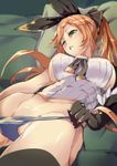  black_gloves black_legwear blue_panties blush breasts chromatic_aberration clarisse_(granblue_fantasy) gloves granblue_fantasy green_eyes groin hair_ribbon highres large_breasts long_hair lying on_back one_eye_closed orange_hair panties panty_pull parted_lips ponytail ribbon satou_daiji sideboob solo teeth thighhighs underwear 