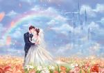  1girl blue_sky bridal_veil bride brown_hair castle closed_eyes daisy day dress earrings field flower formal groom highres hug imminent_kiss jewelry lipstick makeup necklace necktie original petals rainbow rose severus sky suit tiara veil watermark web_address wedding_dress white_dress 