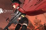  anti-materiel_rifle barrett_m82 black_legwear borrowed_character cape character_name cowboy_shot gun hat hms_orion_(siirakannu) holding holding_weapon jeanex kantai_collection original outdoors pacific red_eyes red_hair rifle short_hair sniper_rifle solo thighhighs weapon zettai_ryouiki 