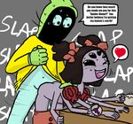  &lt;3 anthro arachnid arthropod black_eyes blush brown_hair dialogue english_text female ficficponyfic from_behind fur grey_fur hair hair_bow male male/female monster muffet multi_limb multiple_eyes one_eye_closed open_mouth sex smile speech_bubble spider sweat tea_cup tea_pot text undertale 