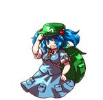  :d backpack bag between_breasts blouse blue_eyes blue_hair blush breasts hair_bobbles hair_ornament hat hat_tip kawashiro_nitori key medium_breasts open_mouth round_teeth skirt skirt_set smile socha solo strap_cleavage teeth touhou transparent_background two_side_up 