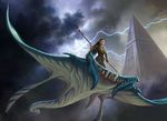  cloudscape dan_scott duo elf female feral flying humanoid lightning_strike low-angle_shot magic_the_gathering manta_ray melee_weapon official_art pointy_ears polearm scalie size_difference sky spear teeth weapon 