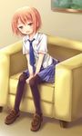  brown_eyes charlotte_(anime) couch hinokami_sakura medoki_(charlotte) necktie pantyhose pink_hair school_uniform short_hair sitting solo 