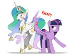  2015 blush butt_slap candylux crown cutie_mark duo equine female feral friendship_is_magic hair horn long_hair mammal multicolored_hair my_little_pony open_mouth princess_celestia_(mlp) simple_background smile twilight_sparkle_(mlp) white_background winged_unicorn wings 