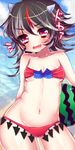  bikini black_hair blush fang food fruit horns kijin_seija matasabu multicolored_hair navel open_mouth red_eyes red_hair solo star star-shaped_pupils streaked_hair swimsuit symbol-shaped_pupils touhou watermelon white_hair 