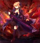  alternate_color artoria_pendragon_(all) breasts choker cleavage commentary_request dark_sky destruction fate/stay_night fate_(series) hair_ribbon harunatsu_akifumi highres holding holding_weapon looking_at_viewer miniskirt open_clothes pale_skin ribbon saber_alter short_hair skirt sleeve_cuffs small_breasts solo thighhighs walking weapon yellow_eyes 
