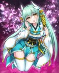  :d aqua_hair fan fate/grand_order fate_(series) heart heart-shaped_pupils horns japanese_clothes kimono kiyohime_(fate/grand_order) long_hair obi ohitashi_netsurou open_mouth sash smile solo symbol-shaped_pupils thighhighs yellow_eyes zettai_ryouiki 