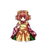  apron bell blush checkered clothes_writing eyewear_removed glasses hair_bell hair_intakes hair_ornament holding holding_eyewear japanese_clothes kimono looking_at_viewer motoori_kosuzu red_eyes red_hair round_eyewear short_hair skirt smile socha solo touhou transparent_background 