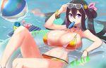  afloat ariane_cevaille ball beachball bikini black_hair borrowed_character bracelet breasts cleavage drink food hair_between_eyes huge_breasts innertube jewelry long_hair looking_at_viewer magister_(medical_whiskey) mouth_hold original popsicle purple_hair sidelocks solo strap_gap sunglasses swimsuit thighs twintails water 