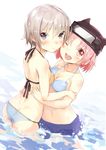  bikini bikini_top cheek-to-cheek gakkou_gurashi! highres looking_at_viewer multiple_girls naoki_miki one_eye_closed partially_submerged pink_eyes pink_hair purple_eyes short_hair shorts shouin silver_hair standing swimsuit takeya_yuki 