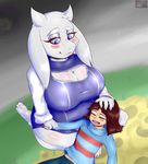 2015 ambiguous_gender anthro big_breasts blue_eyes blush breasts caprine chubby cleavage clothed clothing fangs female flower frisk fur goat hair horn huge_breasts human lying mammal monster monster_girl open_mouth plant sleeping smile toriel undertale video_games 