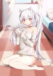  animal_ears bed cat_ears collar curtains long_hair original pillow red_eyes side_ponytail sitting smile solo sweater thighhighs tsuka very_long_hair white_hair window 