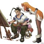  2girls bad_id bad_pixiv_id black_hair canvas_(object) chu_chu_(xenogears) elhaym_van_houten fei_fong_wong gloves inu_riyoushi long_hair multiple_girls orange_hair paint painting palette pantyhose petting ponytail single_hair_intake smile uniform very_long_hair xenogears 