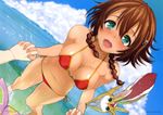  absurdres amy_(suisei_no_gargantia) bikini braid breasts brown_hair grace_(suisei_no_gargantia) green_eyes happy highres holding_hand holding_hands medium_breasts miyamoto_issa o-ring o-ring_top out_of_frame pov pov_hands red_bikini short_hair side-tie_bikini suisei_no_gargantia swimsuit wet 