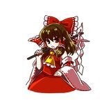  ascot blush bow brown_eyes brown_hair commentary_request detached_sleeves gohei hair_bow hair_ribbon hair_tubes hakurei_reimu large_bow long_hair looking_at_viewer open_mouth over_shoulder ribbon skirt skirt_set socha solo teeth touhou transparent_background vest weapon weapon_over_shoulder 