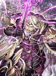  armor black_armor blonde_hair cape energy fire_emblem fire_emblem_cipher fire_emblem_if gauntlets gloves horse male_focus marks_(fire_emblem_if) official_art okuma_yuugo open_mouth paladin purple_eyes serious shield siegfried_(sword) solo sword weapon 