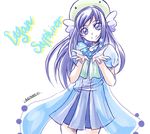  artist_name arudebido blue_dress blue_eyes blue_hair dokidoki!_precure dress english eyelashes happy hat highres hishikawa_rikka long_hair looking_at_viewer open_hands precure puffy_sleeves see-through simple_background sketch smile solo standing twitter_username white_background 