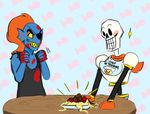  armor bib blue_skin blush duo english_text eye_patch eyewear female fish hair male marine meatball monster orange_hair papyrus_(undertale) plate sauce sharp_teeth skelelton smile spaghetti sunnishades teeth text undertale undyne yellow_eyes 