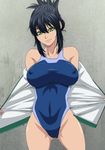  1girl bare_shoulders black_hair breasts character_request erect_nipples female green_eyes large_breasts long_hair looking_at_viewer screencap smile solo standing stitched swimsuit tight wall watashi_ga_toriko_ni_natte_yaru 