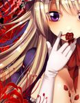  blonde_hair blood blood_in_mouth blood_on_breasts bloody_hands blurry breasts choker commentary_request depth_of_field dress eating elbow_gloves eyes_visible_through_hair flower fua_yuu gloves large_breasts long_hair looking_at_viewer petals puffy_short_sleeves puffy_sleeves purple_dress purple_eyes ribbon_choker shiny shiny_hair short_sleeves solo spider_lily teeth touhou upper_body very_long_hair white_gloves yakumo_yukari 