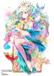  angel_wings aqua_eyes aqua_hair barefoot bird detached_sleeves flower hair_flower hair_ornament harp hatsune_miku highres instrument long_hair skirt solo thighhighs toeless_legwear twintails vocaloid wings yuu_(arcadia) 