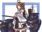  bare_shoulders boots breasts brown_hair crossed_arms detached_sleeves double_bun hairband headgear japanese_clothes kantai_collection killing-inthe-name kongou_(kantai_collection) long_hair medium_breasts nontraditional_miko remodel_(kantai_collection) skirt smile solo standing thigh_boots thighhighs 
