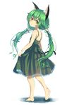  absurdres animal_ears bad_id bad_pixiv_id barefoot bell brown_eyes cat_ears dress expressionless from_behind full_body green_hair hair_ornament highres jingle_bell long_hair looking_back original shiro_yurine simple_background slit_pupils solo standing tail twintails very_long_hair white_background 