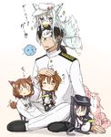  4girls admiral_(kantai_collection) akatsuki_(kantai_collection) animal_ears bad_id bad_twitter_id black_hair blank_eyes blue_eyes blue_hair blush brown_hair chibi dog_ears dog_tail failure_penguin hat hibiki_(kantai_collection) highres ikazuchi_(kantai_collection) inazuma_(kantai_collection) kantai_collection kemonomimi_mode long_hair miss_cloud multiple_girls nonono_(mino) one_eye_closed pantyhose parted_lips school_uniform serafuku short_hair sitting sitting_on_head sitting_on_lap sitting_on_person spoken_expression sweatdrop tail tail_wagging thighhighs translated verniy_(kantai_collection) 