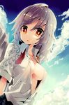  :o aioi_aoi angel_wings blue_sky breasts bright_pupils cloud day grey_hair kishin_sagume large_breasts looking_at_viewer no_bra open_clothes open_shirt red_eyes shirt silver_hair single_wing sky sweat touhou upper_body white_pupils wings 