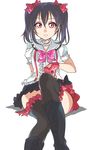  black_hair black_legwear bokura_wa_ima_no_naka_de boots bow commentary_request cross-laced_footwear earrings frilled_legwear gloves hair_bow jewelry love_live! love_live!_school_idol_project red_eyes sitting skirt smile solo tetopetesone thighhighs twintails white_background yazawa_nico 