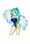  1girl bare_shoulders breasts duel_monsters female fujikusa green_hair harpie_queen harpy large_breasts long_hair looking_at_viewer monster_girl one-piece_swimsuit pointy_ears ponytail smile swimsuit traditional_media yellow_eyes yu-gi-oh! 