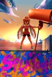  artist_name bike_shorts cloud cloudy_sky copyright_name domino_mask fangs hand_on_hip highres holding inkling long_hair mask open_mouth orange_eyes orange_hair oversized_object paint_roller paint_splatter shirt shoes signature sky smile sneakers solo splat_roller_(splatoon) splatoon_(series) splatoon_1 standing sunlight sunrise t-shirt tentacle_hair xion_(pulilulu) 