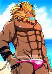  abs anthro balls barbs beach bearlovestiger13 biceps big_muscles blue_eyes blush bulge clothing colored dessert digimon ear_piercing feline food fur ice_cream leomon lion looking_at_viewer male mammal mane muscular muscular_male nipples outside pecs penis piercing popsicle pubes sand seaside simple_background solo standing straps strong swimsuit thong undressing 