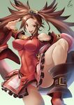 abs boots breasts brown_eyes brown_hair china_dress chinese_clothes covered_navel covered_nipples dress fighting_stance guilty_gear kuradoberi_jam large_breasts long_hair looking_at_viewer panties signature smile solo sowel_(sk3) thighs underwear very_long_hair white_panties 