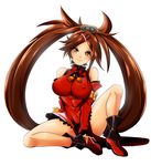  boots breasts brown_eyes brown_hair covered_nipples evil-dei full_body guilty_gear highres kuradoberi_jam large_breasts lips long_hair navel simple_background sitting smile solo spread_legs thighs very_long_hair white_background 
